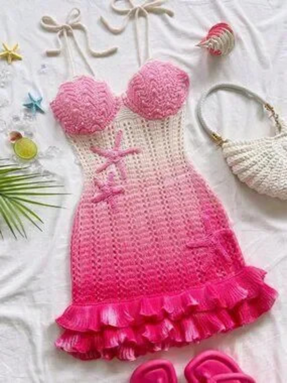 Pink Sexy Women's Holiday Starfish Decor Double Ruffle Hem crochet Knit Dress